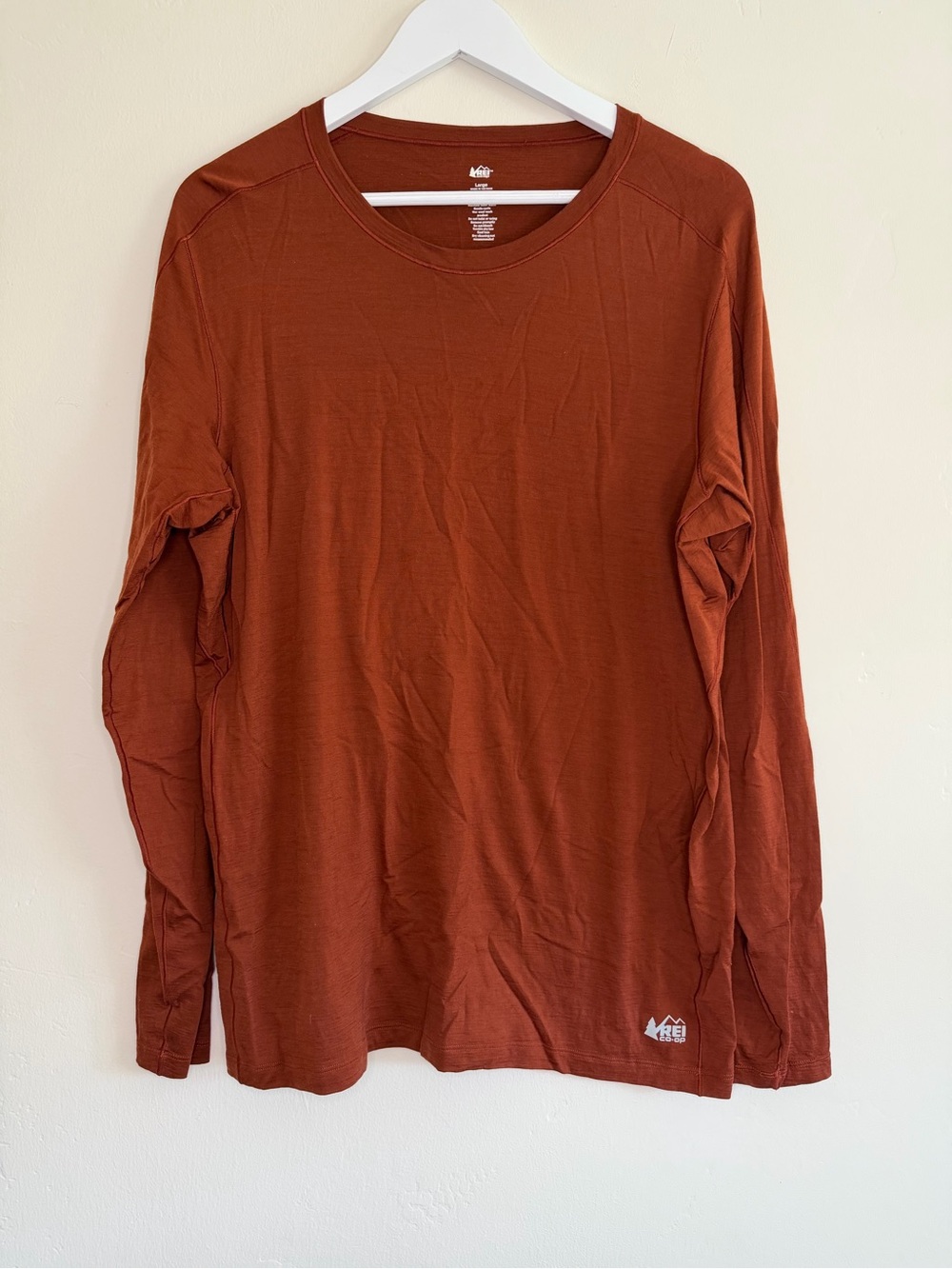 REI Men's Size L Merino Wool Long-Sleeve Crewneck Base Layer Lightweight Rust